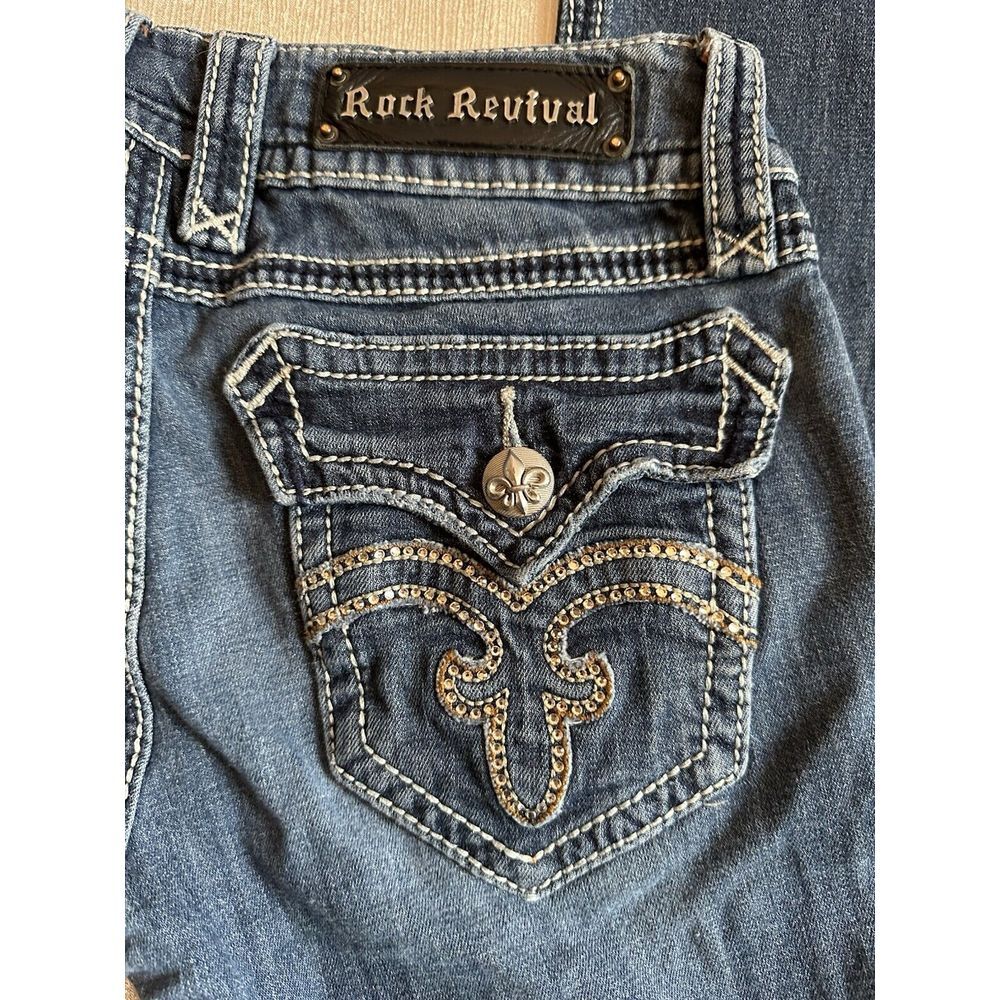 Rock Revival Womens Sz 27 Debbie Straight Blue Jeans Low Rise Medium Wash Bling - Picture 2 of 10
